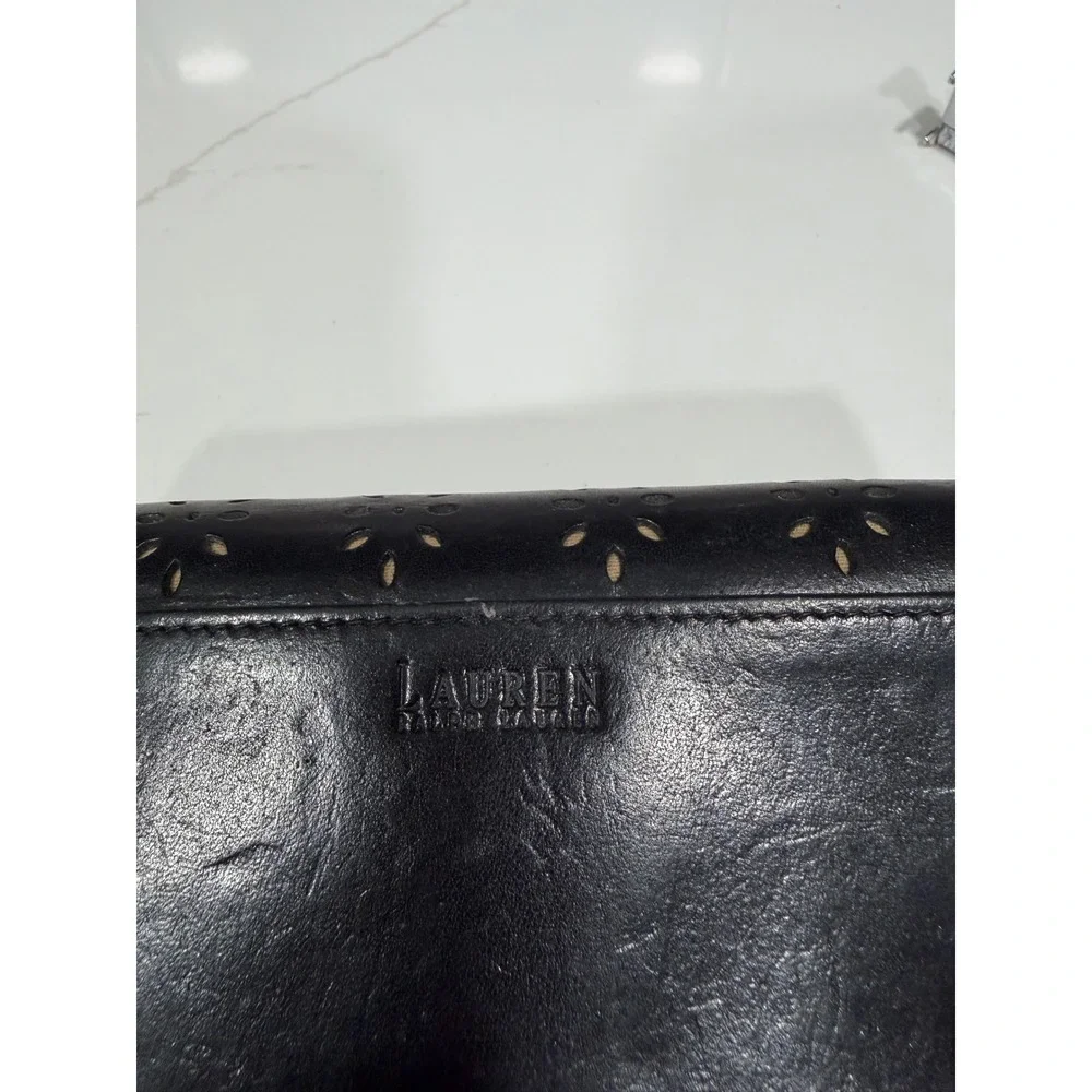 Lauren Ralph Lauren Black Leather Trifold Wallet Floral Eyelet Laser Cut Logo